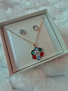 NIOB Anne Klein Multi Color Crystal Flower Pendant Necklace and Stud Earrings
